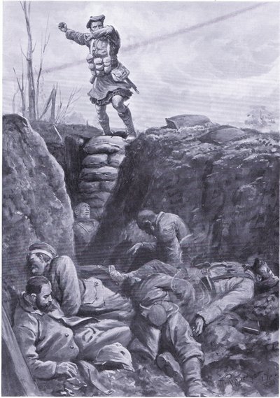 El soldado Brown (Gordon Highlander) bombardeando al enemigo en una trinchera alemana desde la cima de una barricada de H. Ripperger