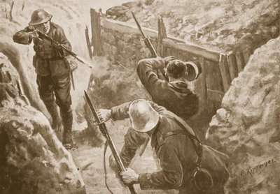 El soldado J. Hutchinson disparando a dos centinelas alemanes al liderar un ataque a una trinchera alemana de H. Ripperger