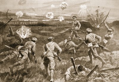 El sargento H. Wells liderando un pelotón hacia los enredos de alambre alemanes después de que su oficial fuera asesinado de H. Ripperger