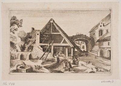 Interior de ciudad con establo y el nacimiento de Jesús de H. Rosenkilde