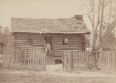 Impresión de albúmina de una mujer y dos niños frente a una casa de troncos en Georgia de H. S. Clark
