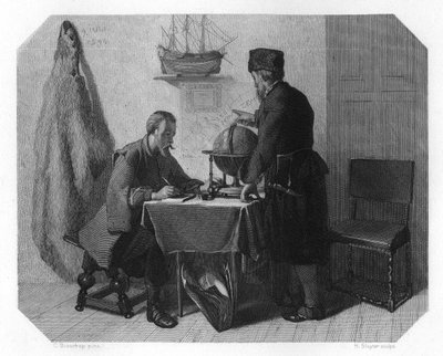 Willem Barents y Jacob van Heemskerk trazando su ruta, 1596 c1870 de H. Sluyter