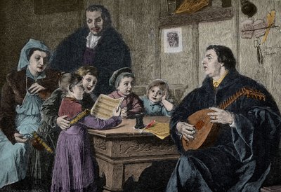 Martín Lutero (1483-1546) en medio de su familia (grabado después de H Stelzner) de H. Stelzner