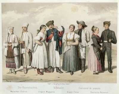 Trajes de campesinos de Rumania, Hungría, Eslovaquia y Alemania, de 