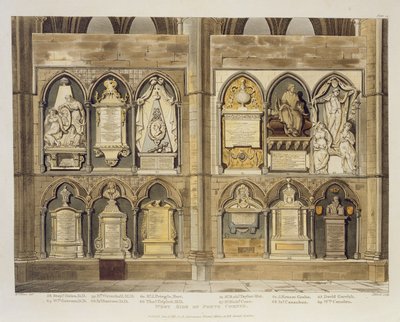 Lado oeste del Rincón de los Poetas, placa 24 de la Abadía de Westminster, grabado por J. Bluck publicado por Rudolph Ackermann 1811 de H. Villiers
