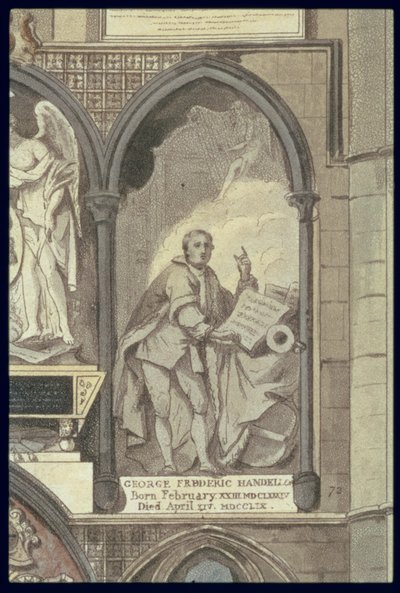 Lado Oeste del Rincón de los Poetas, lámina 25 de la Abadía de Westminster (detalle del Monumento Funerario de George Frederick Handel, grabado por J. Bluck) de H. Villiers