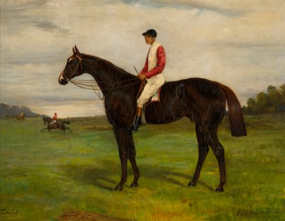Zealot un caballo de carreras bayo con jinete, c.1871-1933 (óleo sobre lienzo) de H. Whittaker Reville