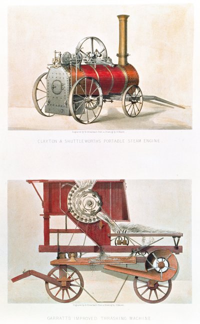 Motor de vapor portátil de Clayton y Shuttleworth y máquina de trilla mejorada de Garratt, grabado por G. Greatbach de H. after Mason