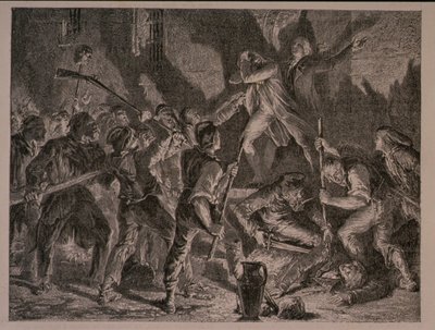 La Masacre en las Prisiones en septiembre de 1792, grabado por Jean-Baptiste Charles Carbonneau (n.1815) de H. de la Charlerie