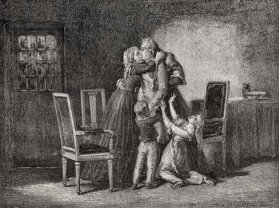 La última despedida de la familia real, 20 de enero de 1793, grabado por Carbonneau, de 