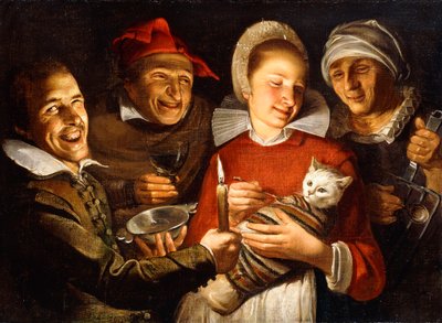 Un proverbio holandés - Una mujer alimentando a un gato atado, rodeada de hombres de Haarlem School