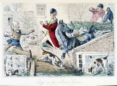 Lucha entre un granjero y un cazador. Caricatura inglesa sobre la caza del zorro de las "aventuras de Thomas Scott o Hawbuck Grange", ilustración de H.K. Browne y W.T. Maud de Hablot Knight Browne