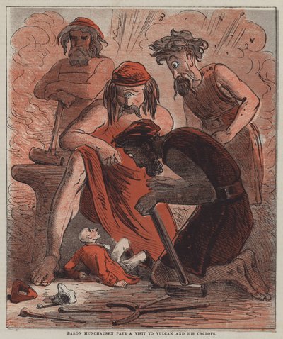 El barón Munchausen visita a Vulcano y sus cíclopes de after Hablot Knight Browne