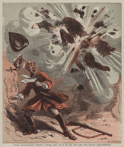 El barón Munchausen dispara a un oso, para su asombro y el del oso de after Hablot Knight Browne