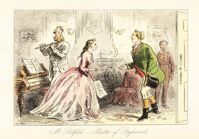 Caballero inglés siendo mostrado en un salón para una noche musical de after Hablot Knight Browne