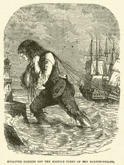 Gulliver se lleva la flota hostil de los Blefuscudianos (grabado) de after Hablot Knight Browne