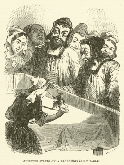 Gulliver se pavonea en una mesa Brobdingnagiana (grabado) de after Hablot Knight Browne
