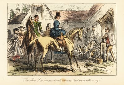 Cazadores y mujeres observando a los perros de caza salir de un corral antes de una cacería de after Hablot Knight Browne