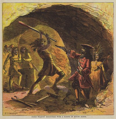 Encuentro de Peter Wilkins con un nativo del Monte Alkoe (litografía en color) de after Hablot Knight Browne