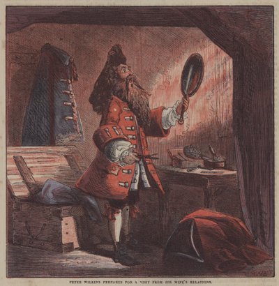 Peter Wilkins se prepara para una visita de los parientes de su esposa (litografía en color) de after Hablot Knight Browne
