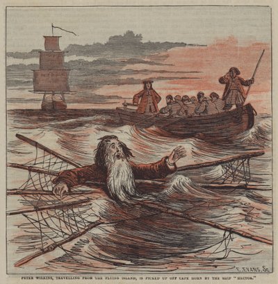 Peter Wilkins, viajando desde la Isla Voladora, es recogido cerca del Cabo de Hornos por el barco "Héctor" de after Hablot Knight Browne