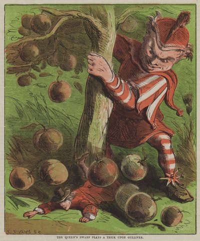 El enano de la Reina le juega una broma a Gulliver de after Hablot Knight Browne