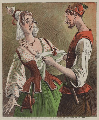 La esposa del granjero de Brobdingnag se alarma al ver a Gulliver (litografía en color) de after Hablot Knight Browne