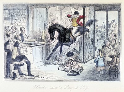 Cazador de caballos entrando accidentalmente en una tienda de telas. Caricatura inglesa sobre la caza de 