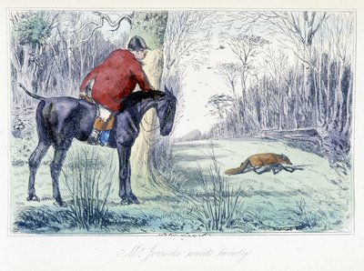 Escena de caza a caballo. Caricatura inglesa sobre la caza del zorro de "Aventuras de Thomas Scott o Hawbuck Grange", ilustración de H.K. Browne y W.T. Maud. de Hablot Knight Browne