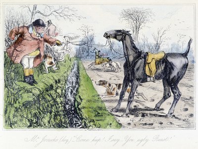 Escena de caza a caballo. Caricatura inglesa sobre la caza del zorro de "Las aventuras de Thomas Scott o Hawbuck Grange", ilustración de H.K. Browne y W.T. Maud de Hablot Knight Browne