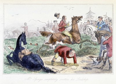 Cazador cae de su caballo. Caricatura inglesa de las aventuras de Thomas Scott o Hawbuck Grange, ilustración de H.K. Browne y W.T. Maud de Hablot Knight Browne