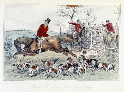 Escena de caza en "Las aventuras de Thomas Scott", ilustración de H.K. Browne y W.T. Maud; caricatura inglesa sobre la caza del zorro de Hablot Knight Browne