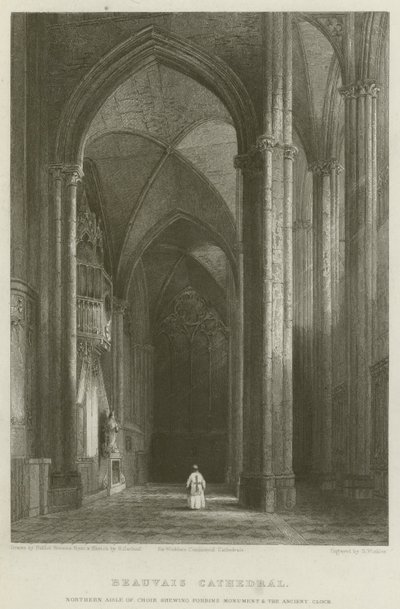 Catedral de Beauvais, pasillo norte del coro mostrando el monumento de Forbin y el reloj antiguo de Hablot Knight Browne