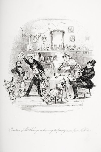 Emoción del Sr. Kenwigs al escuchar las noticias familiares de Nicholas, ilustración de 