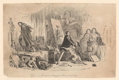 En su estudio, Henry Gowan contiene a su perro, que acaba de reconocer al criminal Rigaud de Hablot Knight Browne