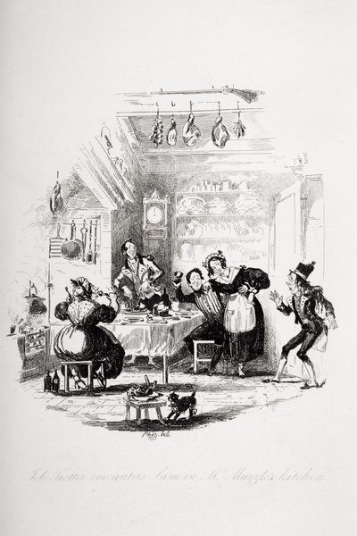 Job Trotter se encuentra con Sam en la cocina del Sr. Muzzle, ilustración de 