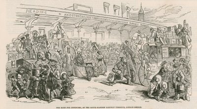 La Gran Huelga de Taxis: La carrera por los ómnibus, en la Terminal del Ferrocarril del Sureste, Puente de Londres de Hablot Knight Browne