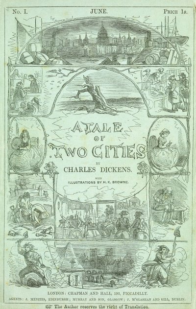 Página de título de la primera parte de la primera edición en partes serializadas del libro Una historia de dos ciudades de Charles Dickens, 1859 de Hablot Knight Browne