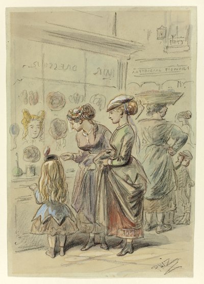 Dos señoras y una niña ante la peluquería de Hablot Knight Browne