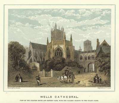 Catedral de Wells, vista de la sala capitular y la puerta oriental, con la galería que conduce al Vicar