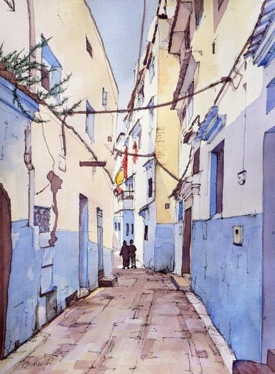 Un paseo tranquilo, Chefchaouen, Marruecos, c.2024 (acuarela y tinta) de Hadley Rampton