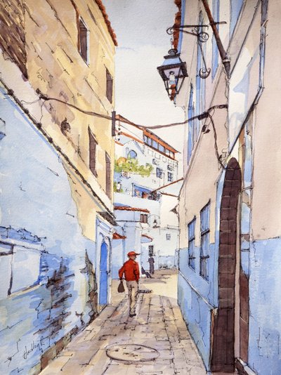 Un visitante, Chefchaouen, Marruecos, c.2024 (acuarela y tinta) de Hadley Rampton
