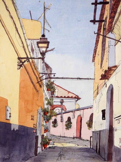 Callejuela, Positano, Italia, c.2024 (acuarela y tinta) de Hadley Rampton