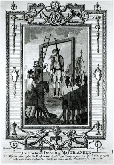 La desafortunada muerte del Mayor Andre, Ayudante General del Ejército Inglés, en el Cuartel General en Nueva York, 2 de octubre de 1780, grabado por John Goldar (1729-1795) de Hamilton