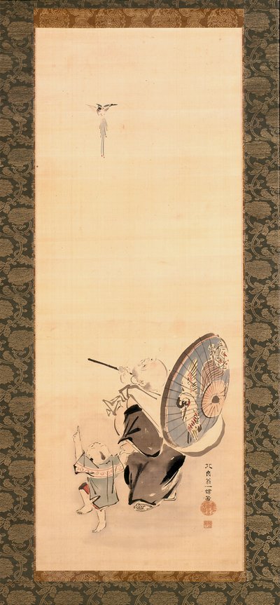 Hotei And Child (tinta y color sobre seda) de Hanabusa Itcho