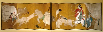 Seven Gods Of Good Fortune (tinta, color y pan de oro sobre papel, pantalla séxtuple) de Hanabusa Itcho