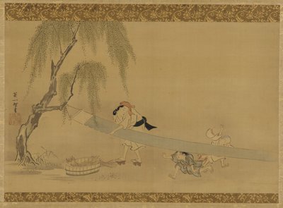 Mujer estirando tela para secar, dos niños jugando, período Edo, finales del siglo XVII-principios del siglo XVIII de Hanabusa Itcho