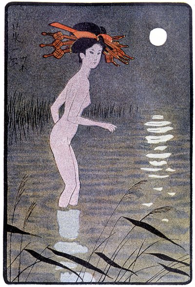 Joven japonesa bañándose en un estanque a la luz de la luna - en “Muñeca japonesa” de Félicien Champsaur, ilustrado por Hanafusa Itcho, París de Hanabusa Itcho