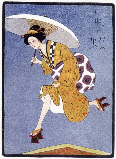 Joven japonés corriendo bajo la lluvia - en “Japanese doll” por Félicien Champsaur, ilustrado por Hanafusa Itcho, París de Hanabusa Itcho