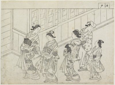 Cinco prostitutas frente a una casa, principios de 1770 de Hanabusa Shigenobu
